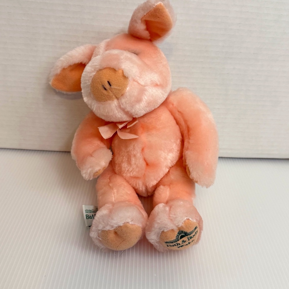 Bath & Body Works Pink Pig Plush Jointed 10" Vintage Stuffed Farm Animal w/ Bow